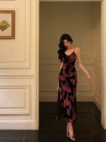 Vintage Spaghetti Strap V-neck Floral Butterfly Design Elegant Sheath Chiffon Evening Dress Prom Dress HZ1024