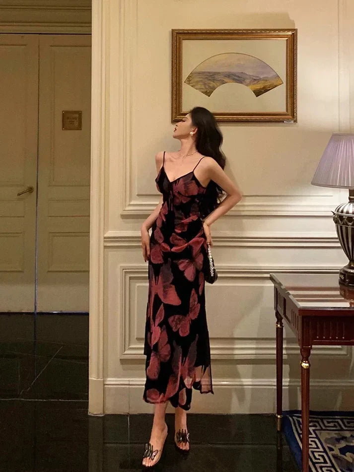 Vintage Spaghetti Strap V-neck Floral Butterfly Design Elegant Sheath Chiffon Evening Dress Prom Dress HZ1024