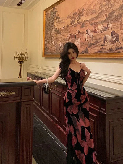 Vintage Spaghetti Strap V-neck Floral Butterfly Design Elegant Sheath Chiffon Evening Dress Prom Dress HZ1024