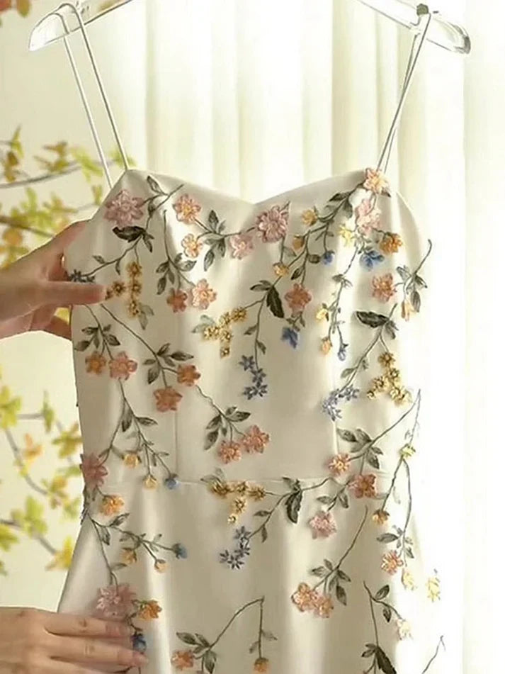 Vintage Beige Spaghetti Strap Floral Applique Design Elegant A-Line Evening Dress Prom Dress HZ1024