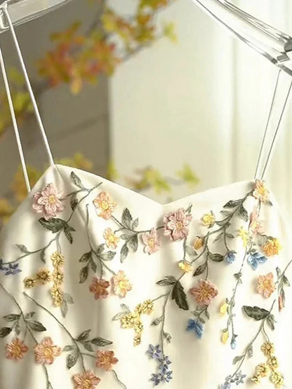 Vintage Beige Spaghetti Strap Floral Applique Design Elegant A-Line Evening Dress Prom Dress HZ1024