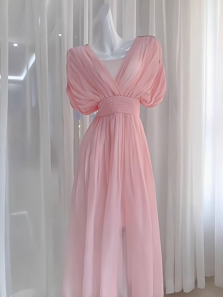 Sexy A line V Neckline Ruffled Pink Chiffon Beach Dress Women's Vacation Dresses SD1141