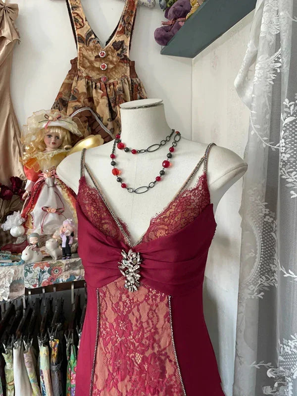 Elegant Burgundy V-neck Spaghetti Strap Lace Mermaid Prom Dress Evening Dress HZ1024