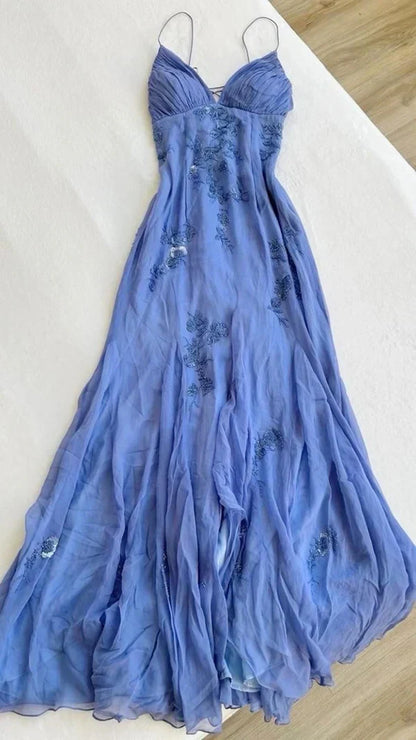 Vintage Embroidery Floral V-neck Spaghetti Strap A-Line Prom Dress Evening Dress HZ1024