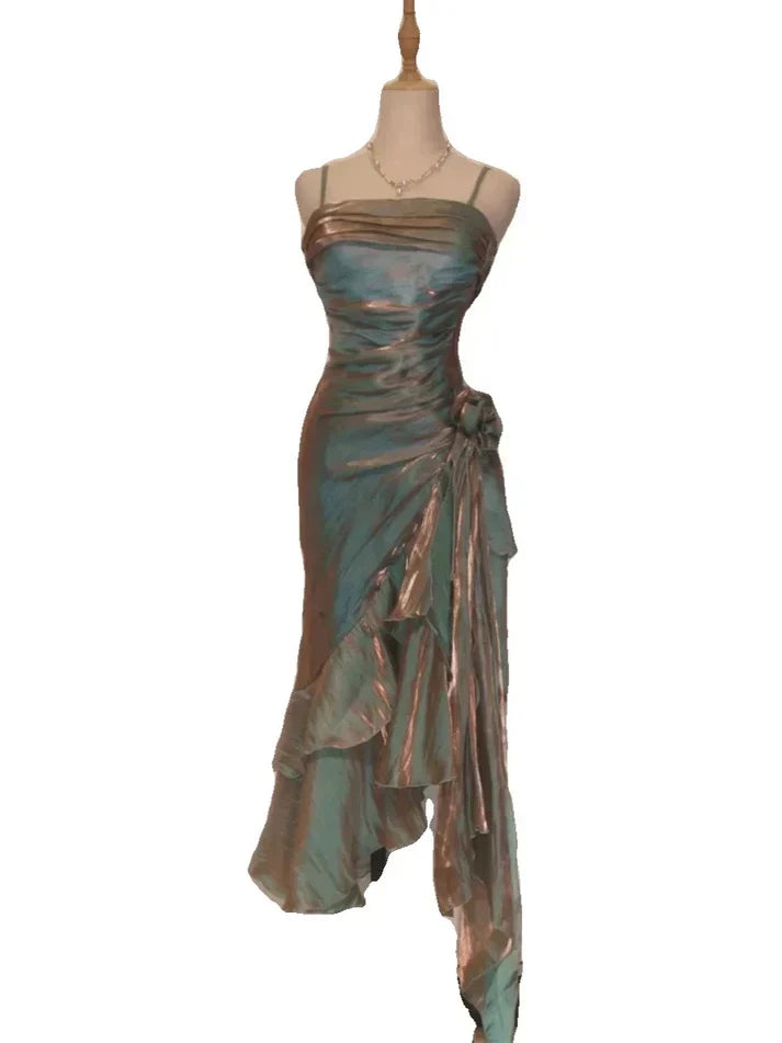 Vintage Elegant Spaghetti Strap Mermaid Ruffles Prom Dress Evening Dress HZ1024
