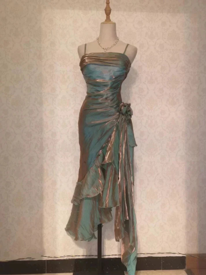 Vintage Elegant Spaghetti Strap Mermaid Ruffles Prom Dress Evening Dress HZ1024