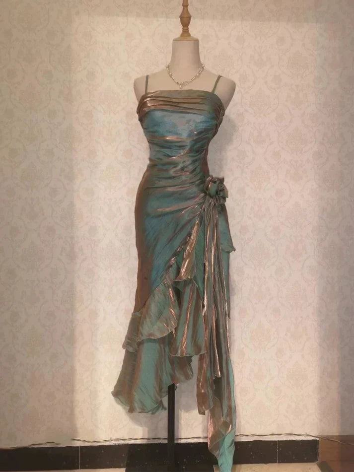 Vintage Elegant Spaghetti Strap Mermaid Ruffles Prom Dress Evening Dress HZ1024