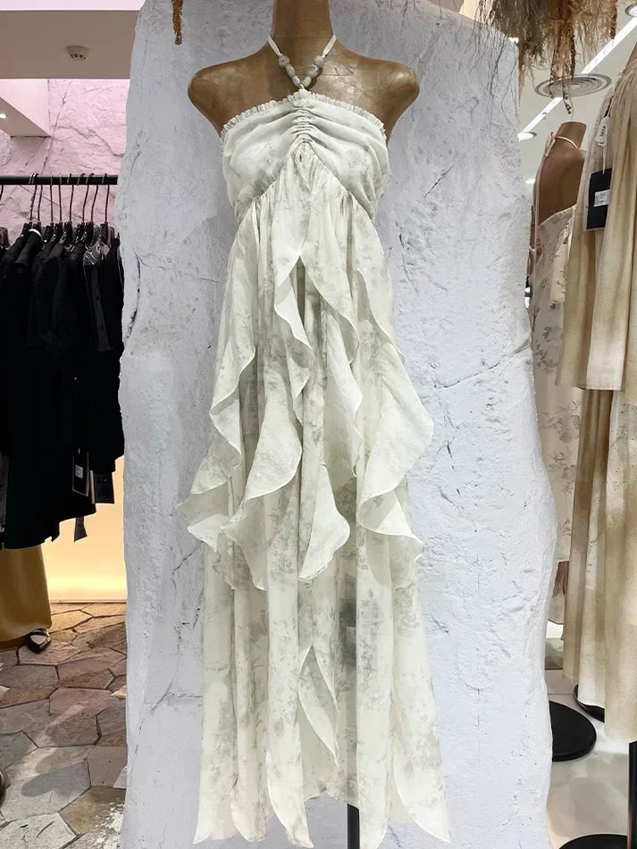Floral Ruffle Design Halter Dress Elegant A-line Chiffon Evening Party Dress HZ1024