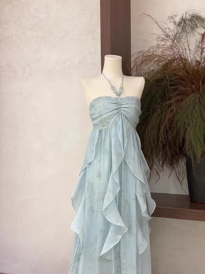 Floral Ruffle Design Halter Dress Elegant A-line Chiffon Evening Party Dress HZ1024