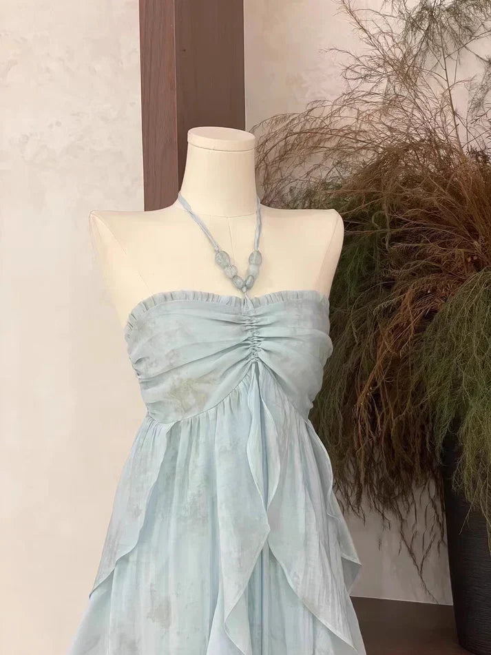 Floral Ruffle Design Halter Dress Elegant A-line Chiffon Evening Party Dress HZ1024