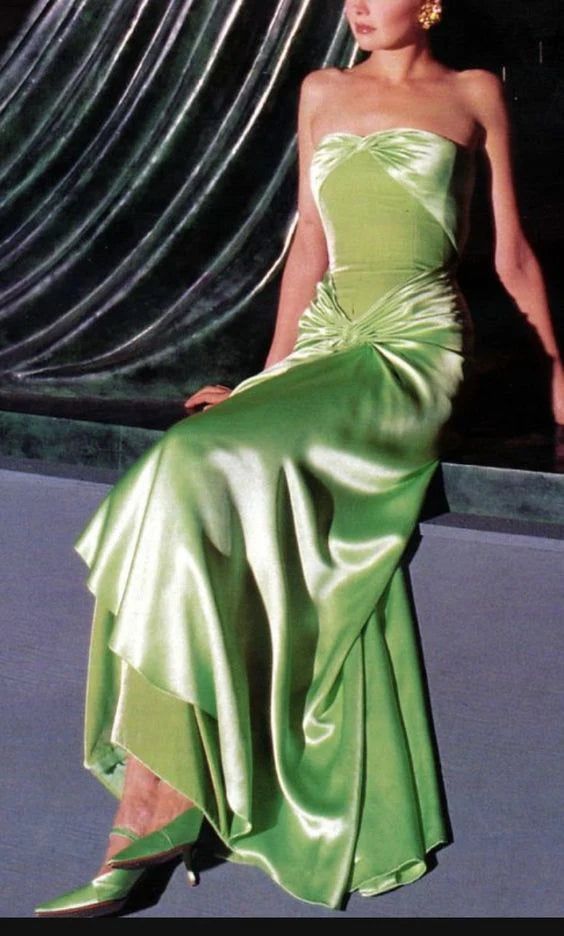 Vintage A line Strapless Satin Long Mint Green Prom Dresses Evening Dress With Fold HZ1024