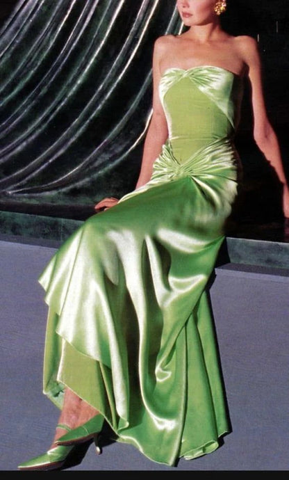Vintage A line Strapless Satin Long Mint Green Prom Dresses Evening Dress With Fold HZ1024
