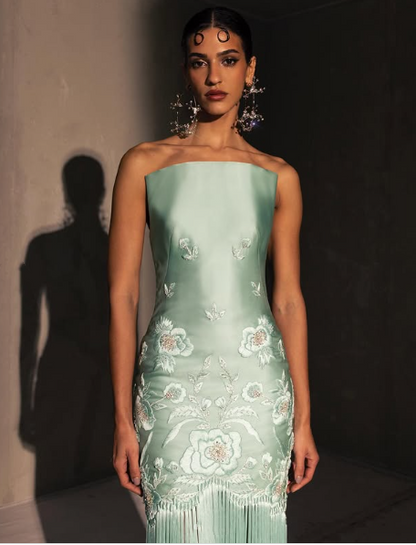 Fancy Mermaid Strapless Neckline Green Satin Long Prom Dress Evening Dress Formal Dress SD2173