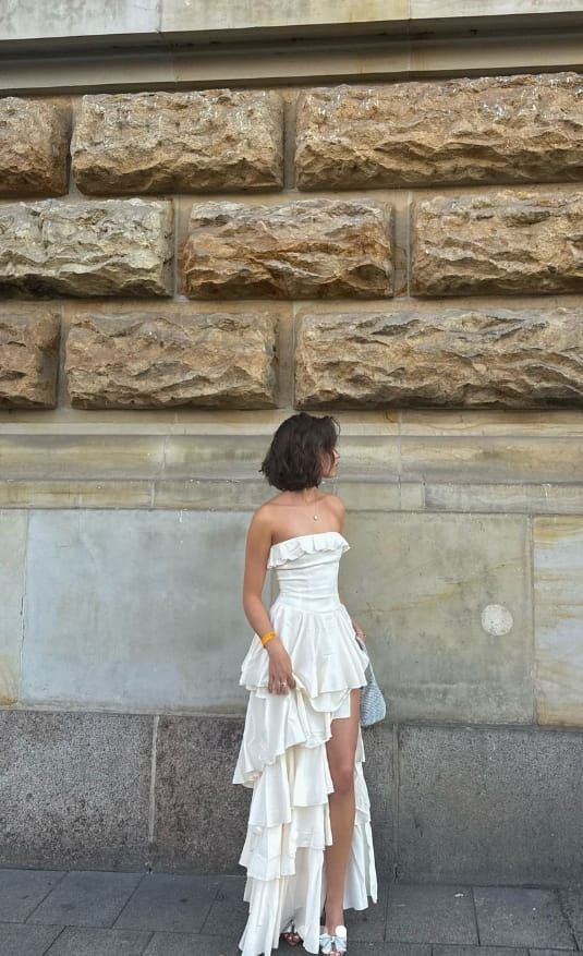 Enchanting White Strapless Ruffles High Slit Long Prom Dress Evening Dress HZ1024