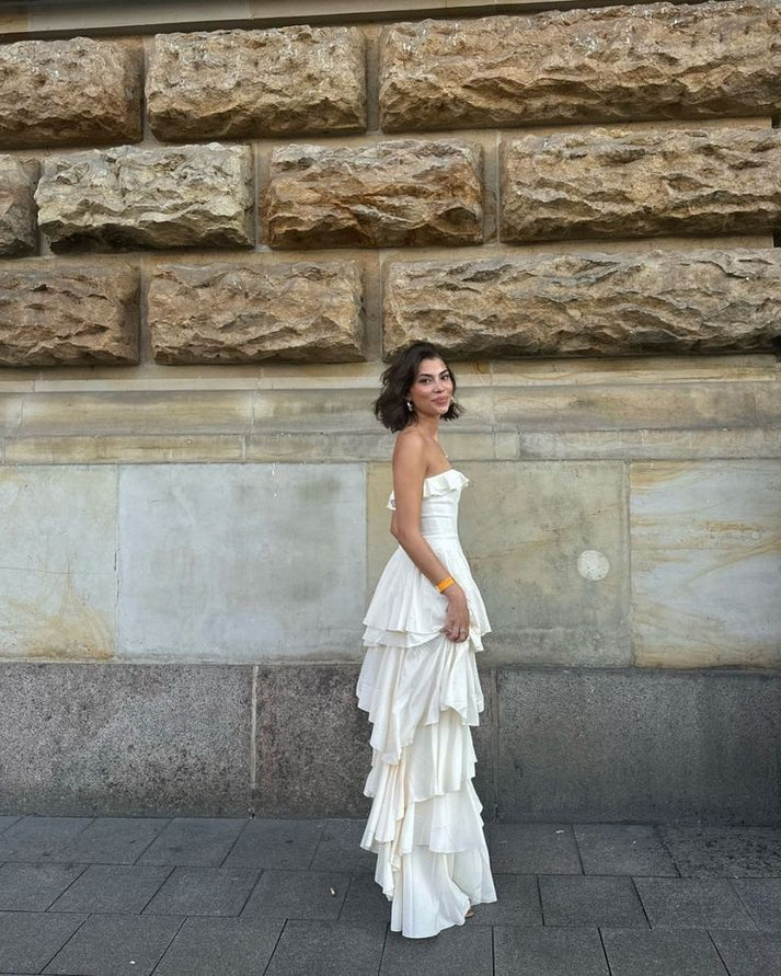 Enchanting White Strapless Ruffles High Slit Long Prom Dress Evening Dress HZ1024