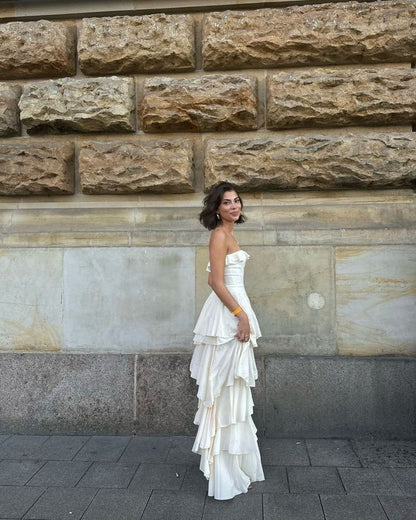 Enchanting White Strapless Ruffles High Slit Long Prom Dress Evening Dress HZ1024
