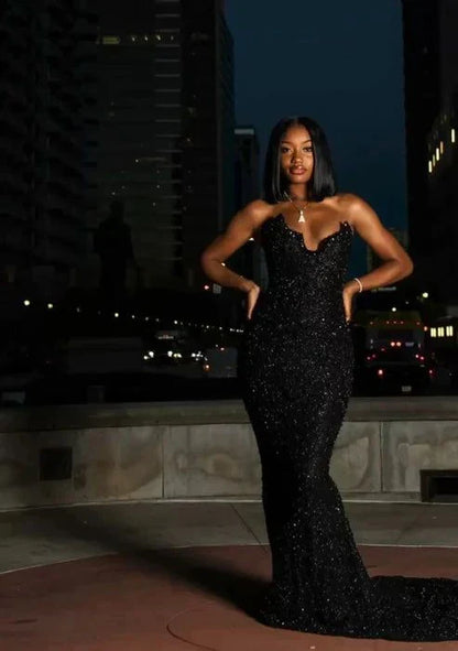 Sexy Black Glittering Sequined Beaded Sweetheart Strapless Mermaid Floor-length High Slit Prom Dress Evening Dress HZ1024