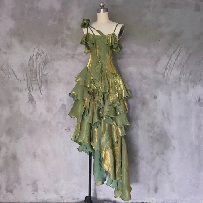 Retro Spaghetti Strap Irregular Ruffled Detachable Rose Design Elegant Satin Evening Dress Prom Dress HZ1024