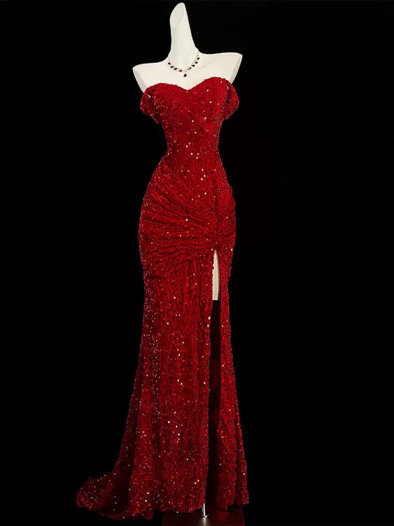 Classy Mermaid Sweetheart Red Slit Sequin Long Evening Gowns Prom Dress SD2766