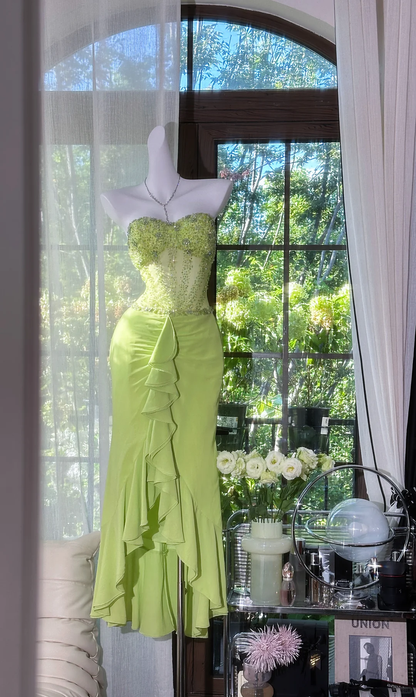 Classy Green Mermaid Evening Dresses Sweetheart Neck Beaded Ruffle Chiffon Prom Outfit