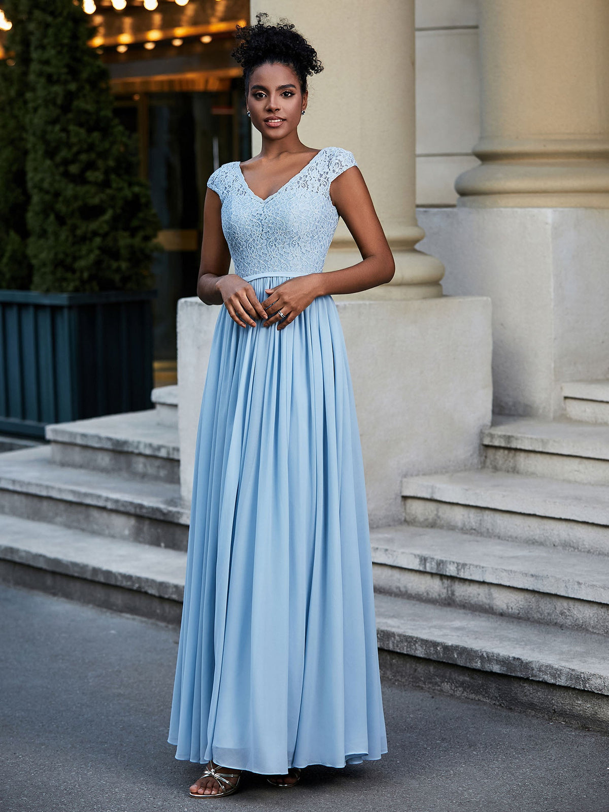 Lace and Chiffon Maxi Dress with Cap Sleeves-Sky Blue