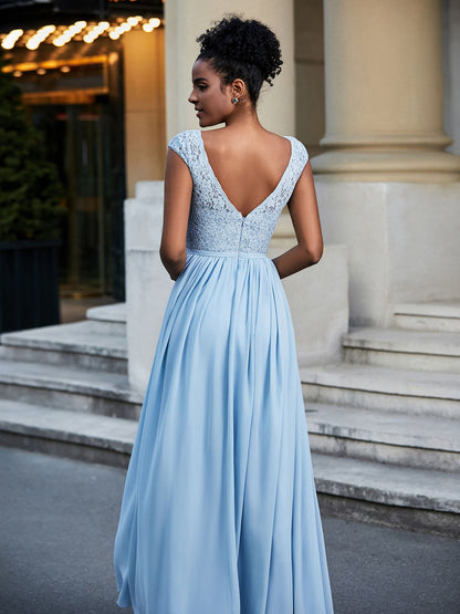 Lace and Chiffon Maxi Dress with Cap Sleeves-Sky Blue