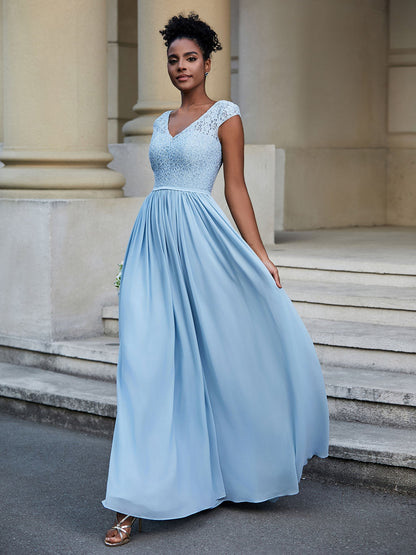 Lace and Chiffon Maxi Dress with Cap Sleeves-Sky Blue