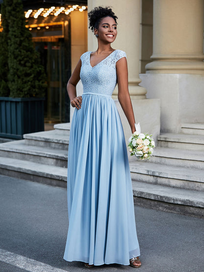 Lace and Chiffon Maxi Dress with Cap Sleeves-Sky Blue