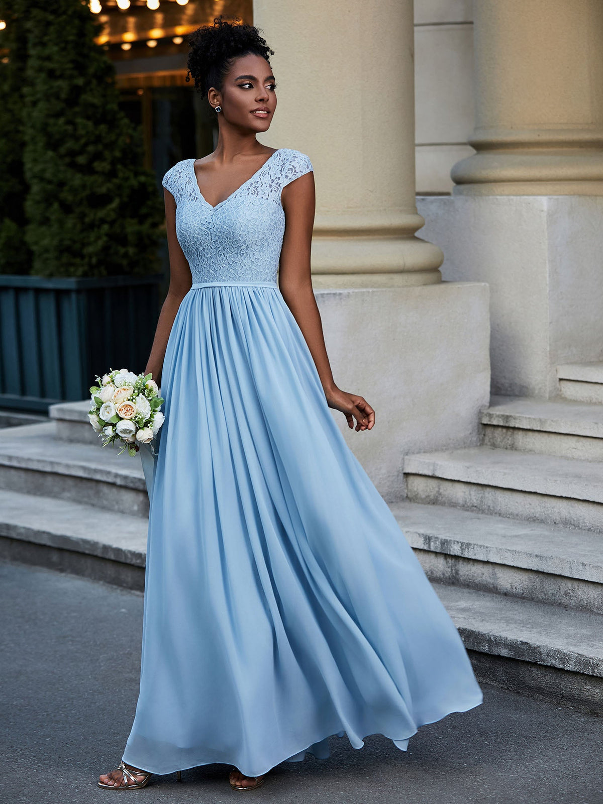 Lace and Chiffon Maxi Dress with Cap Sleeves-Sky Blue