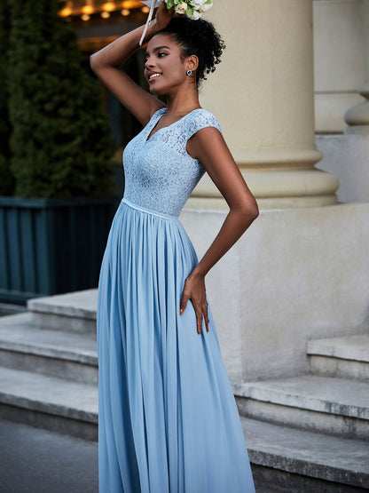 Lace and Chiffon Maxi Dress with Cap Sleeves-Sky Blue