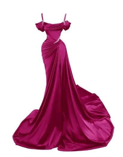 Elegant Mermaid Spaghetti Strap Prom Dress Pleated High Slit Evening Gown Party Dress Long Formal Dress HZ1024