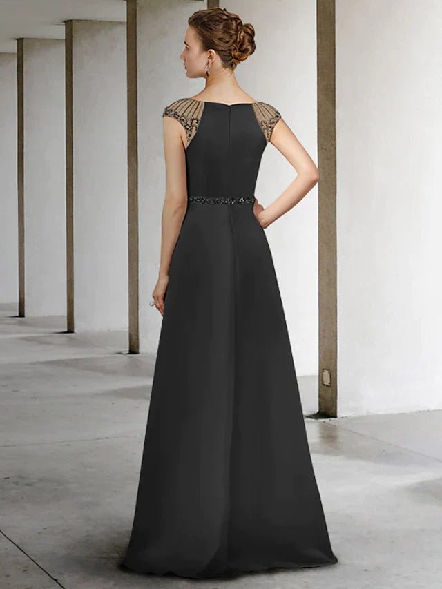 A-Line Mother of the Bride Dress Elegant Jewel Neck Floor Length Satin Sleeveless with Sash Ribbon