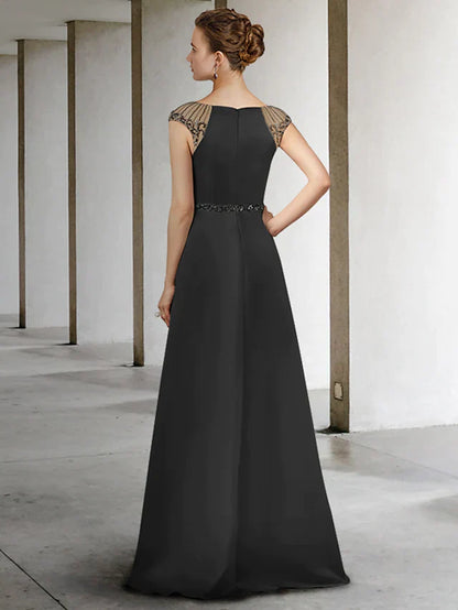 A-Line Mother of the Bride Dress Elegant Jewel Neck Floor Length Satin Sleeveless with Sash Ribbon