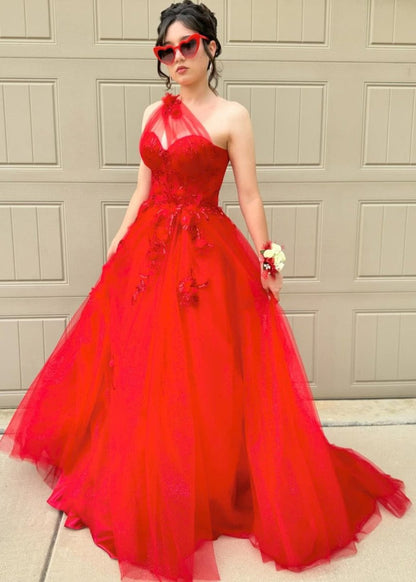 A Line One Shoulder Black Long Prom Dress with Appliques