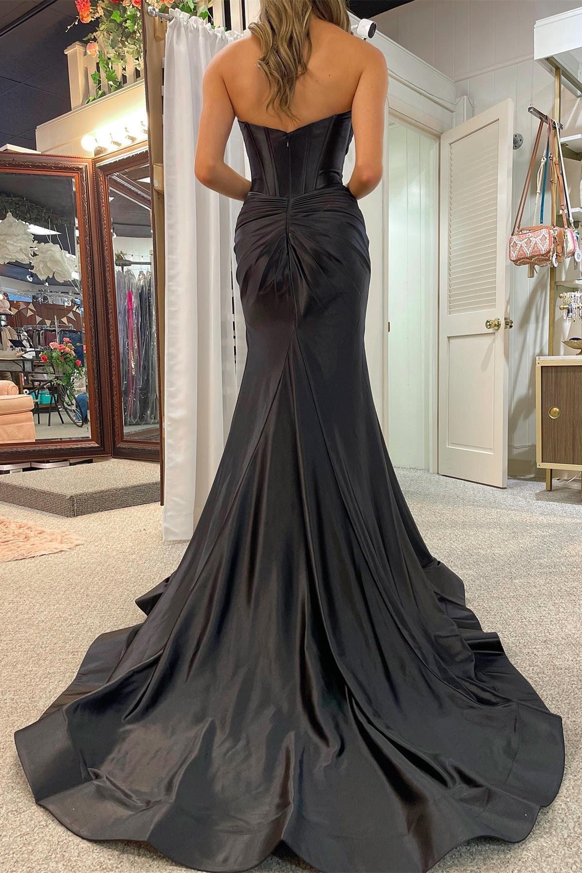 Classy Strapless Keyhole Mermaid Satin Long Prom Dress with Slit
