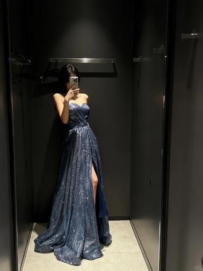 Shiny A Line Sequin Long Prom Dress Classy Evening Gowns with Slit