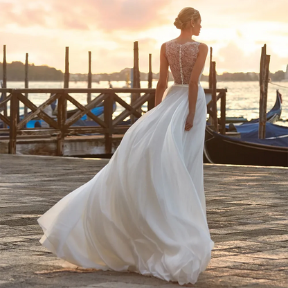 YunShang Chiffon V-Neck Wedding Dress Elegant Lace A-Line Gown