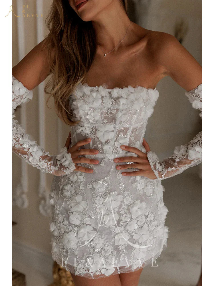 Luxury Beaded Short Wedding Dresses Lace Floral Appliques Long Sleeves Bridal Gown Mini Party Dress Customized