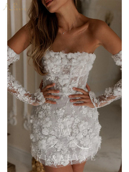 Luxury Beaded Short Wedding Dresses Lace Floral Appliques Long Sleeves Bridal Gown Mini Party Dress Customized