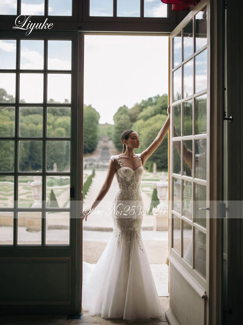 Liyuke Shining Symmetrical Lace Sweetheart Mermaid Wedding Dress