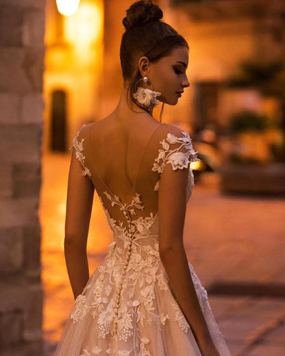 Boho Sheer Off The Shoulder Backless Lace Appliques Wedding Dress Bridal Gown