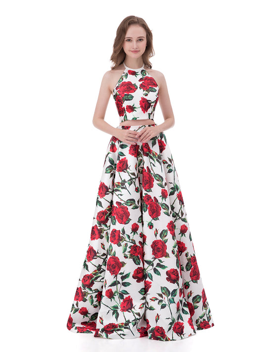 Halter Two Piec Red Rose Floral Dress-Floral