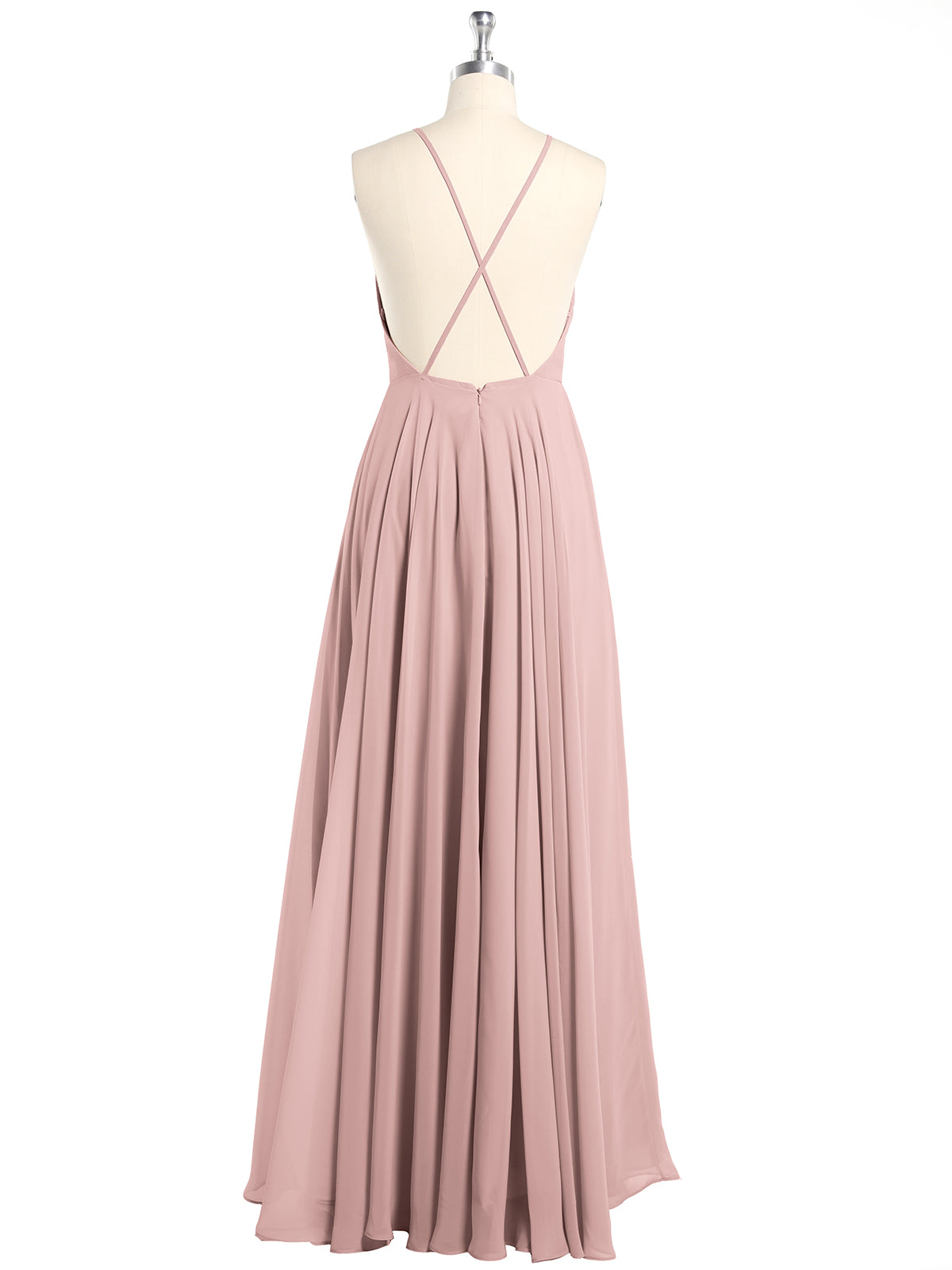 Low Back Simple Chiffon Birdesmaid Dresses-Dusty Rose