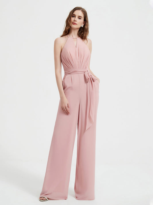Halter Neckline Sleeveless Pleated Jumpsuit With Sash Dusty Rose