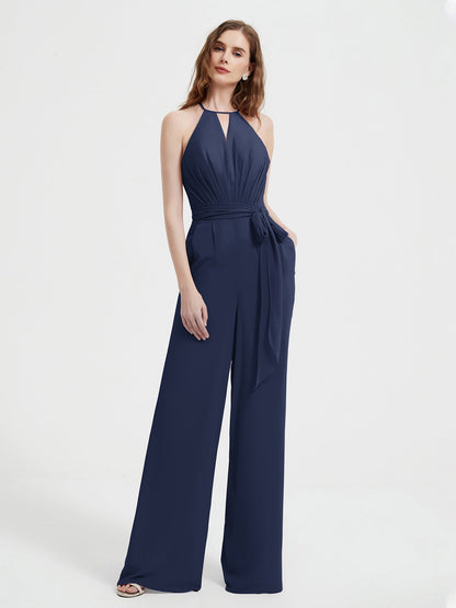 Halter Neckline Sleeveless Pleated Jumpsuit With Sash Dark Navy