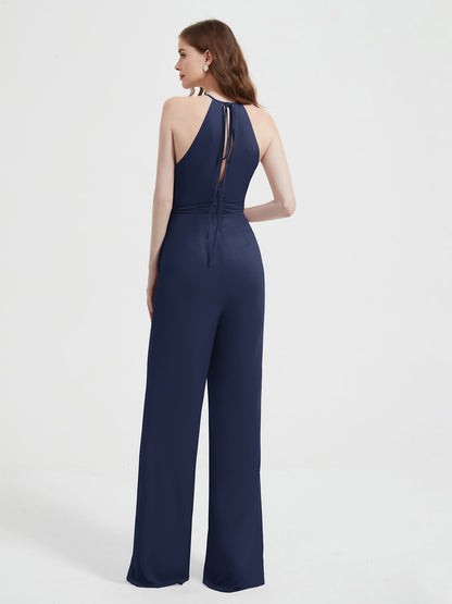 Halter Neckline Sleeveless Pleated Jumpsuit With Sash Dark Navy