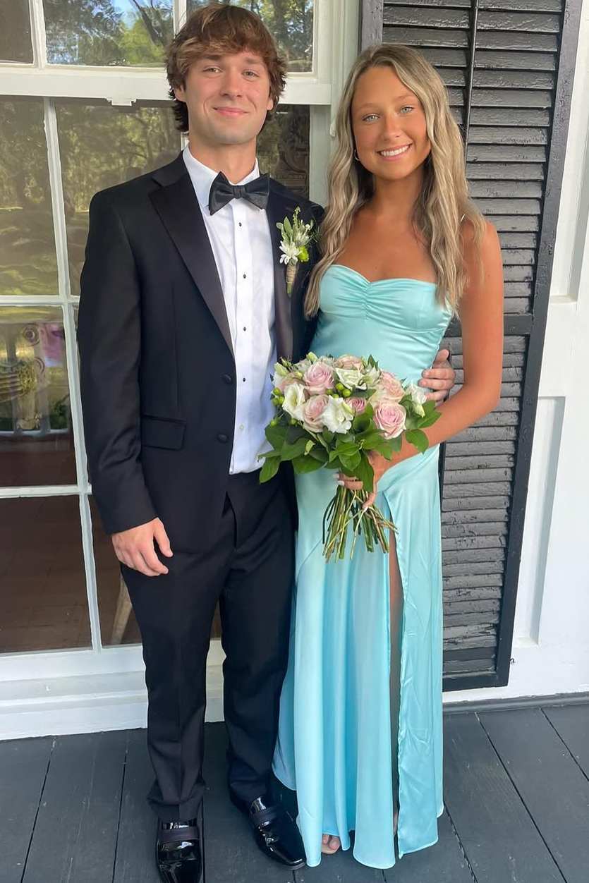 Simple Yellow Spaghetti Straps Satin Long Prom Formal Dress with Slit