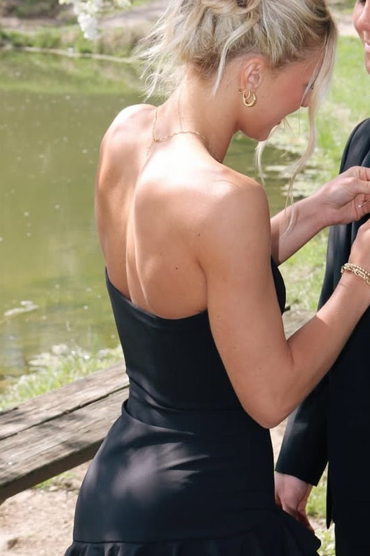 Black Strapless Sleeveless Ruffles High Slit Formal Prom Party Dress
