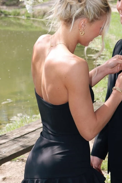 Black Strapless Sleeveless Ruffles High Slit Formal Prom Party Dress