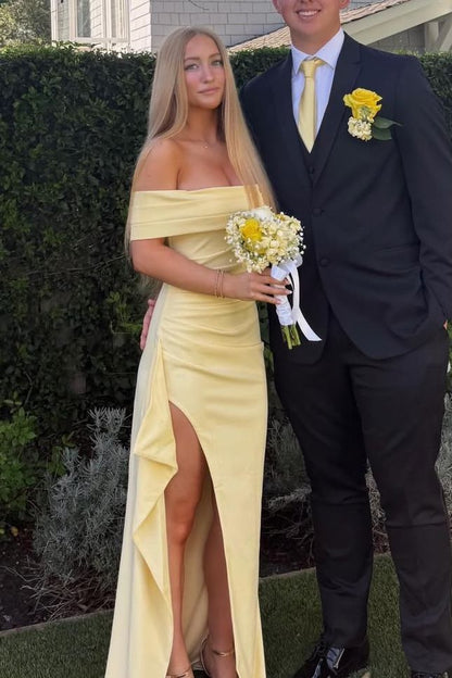 Pink Off-Shoulder Satin Pleats High Slit Long Party Prom Dress